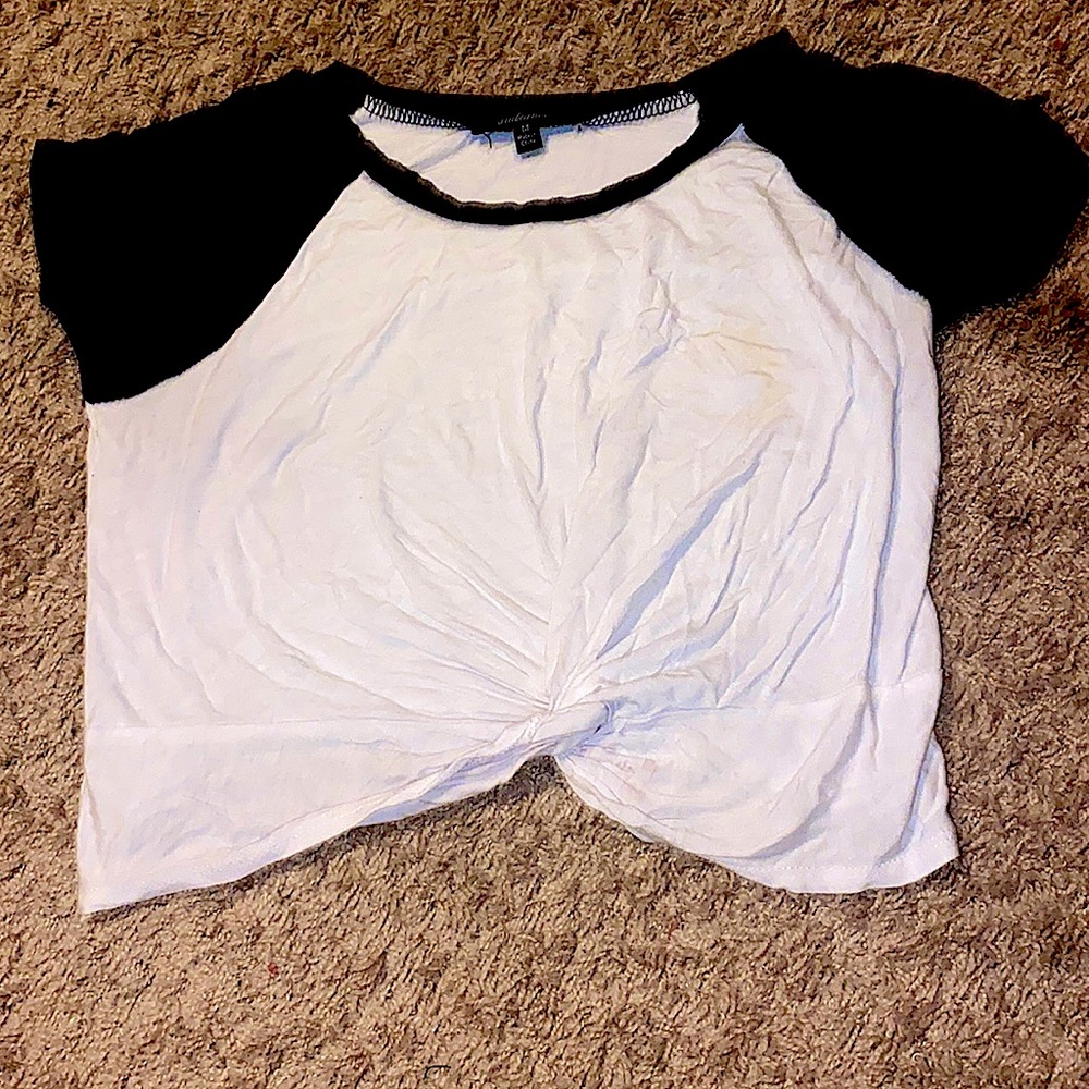 White and Black Colorblock Crop Top with Tie Knot